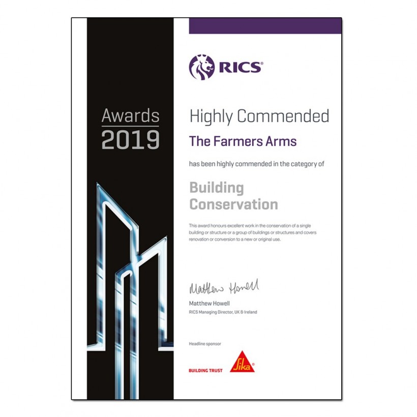 The Farmers Arms is highly commended in RICS South West Awards