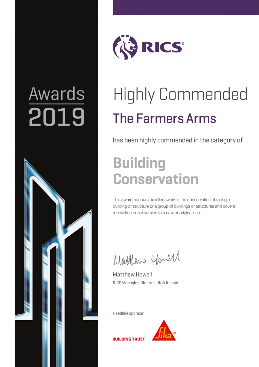 Awards 2019 RICS Farmers Arms Highly Commended Certificate